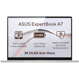 ASUS ExpertBook A7/ Core 5 320/ 8GB DDR5/ 256GB SSD/ Intel Graphics/ 14"WQXGA+, OLED/ bez OS/ stříbrný/ 3y onsite NBD