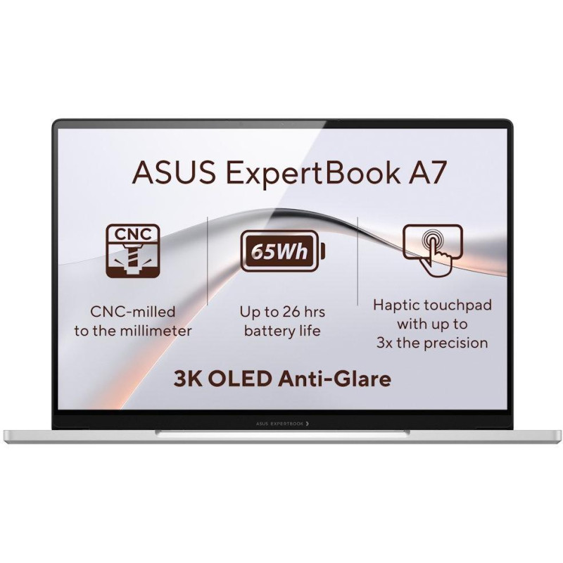 ASUS ExpertBook A7/ Core 5 320/ 8GB DDR5/ 256GB SSD/ Intel Graphics/ 14"WQXGA+, OLED/ bez OS/ stříbrný/ 3y onsite NBD
