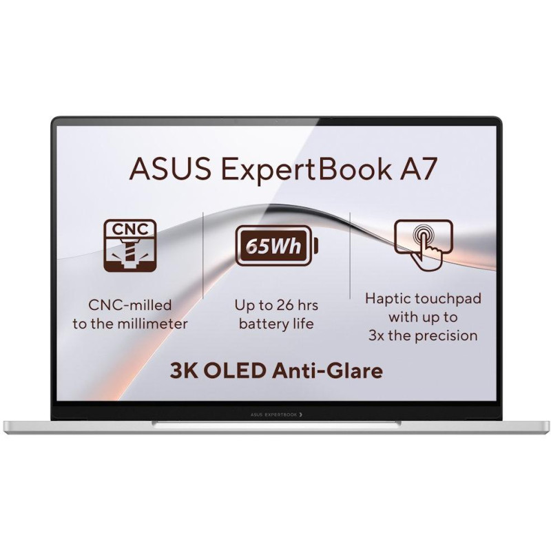 ASUS ExpertBook A7/ Core 7 350/ 16GB DDR5/ 512GB SSD/ Intel Graphics/ 14"WQXGA+, OLED/ W11P/ stříbrný/ 3y onsite NBD