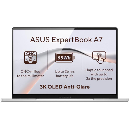ASUS ExpertBook A7/ Core 7 350/ 16GB DDR5/ 512GB SSD/ Intel Graphics/ 14"WQXGA+, OLED/ W11P/ stříbrný/ 3y onsite NBD