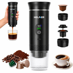 HELMER přenosný elektrický kávovar CM 90/ 3v1/ 20 bar/ baterie 2500 mAh/ šálek 120ml/ ohřev vody/ USB-C/ černý