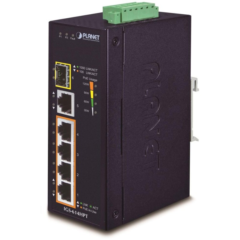 Planet IGS-614HPT Průmyslový PoE Switch 5x 1000Base-T, 1x SFP, 4x PoE 802.3at, -40~+75°C, 12-56VDC, dual-power, DIN