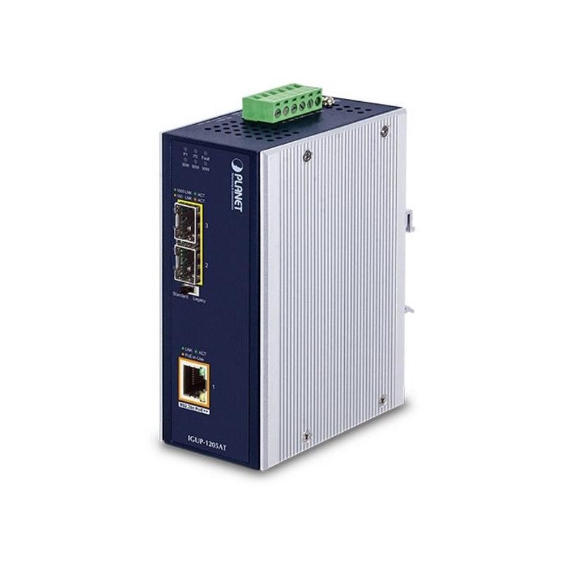 Planet IGUP-1205AT PoE++ konvertor 802.3bt, 1x 1000Base-T, 2x SFP 100/1000Base-X, dual power 12-56VDC, -40 až 75st.