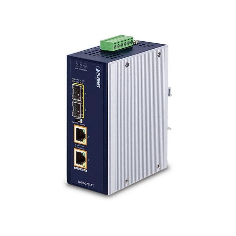 Planet IGUP-2205AT PoE++ konvertor 802.3bt, 2x 1000Base-T, 2x SFP 100/1000Base-X, dual power 12-56VDC, -40 až 75st.