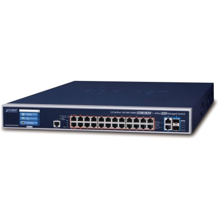 Planet GS-6320-24UP2T2XV L3 switch, 24x1Gb, 2x10Gb, 2x10Gb SFP+, 24x PoE 802.3bt 600W, 2x power-in, touch LCD