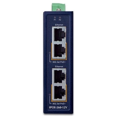 Planet IPOE-260-12V PoE průmyslový injektor, 2x port, 4x1Gb, 2x 802.3at 36/72W, DIN, IP30, -40~75°C, dual power 12-56VDC