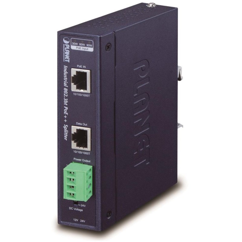 Planet IPOE-173S, Ultra PoE průmyslový splitter 802.3bt do 70W, výstup 12V/24VDC, 1Gb, DIN, IP30, -40~75st., PoH