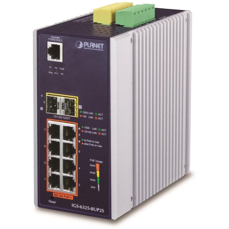 Planet IGS-6325-8UP2S průmyslový L3 switch, 8x1Gb, 2x2.5Gb SFP, PoE 802.3bt 360W, 48-54VDC, -40~75°C, fanless