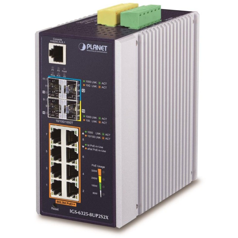 Planet IGS-6325-8UP2S2X průmyslový L3 switch, 8x1Gb, 2x2.5Gb SFP, 2x10Gb SFP+, 90/360W, 48-54VDC, -40~75°C, fanless