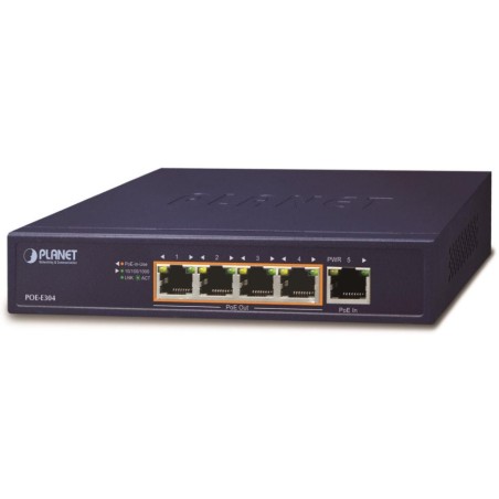 Planet PoE/LAN extender, 1xPoE-in, 4xPoE-out 65W, 802.3bt/at/af, Gigabit