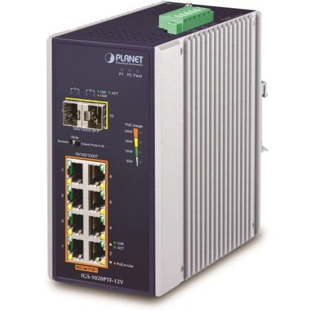 Planet IGS-1020PTF-12V Průmyslový L2 PoE switch, 8x1Gb + 2xSFP, 802.3at 30/240W, IP30, -40~+75°C, 12-56VDC