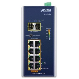 Planet IGS-1020PTF-12V Průmyslový L2 PoE switch, 8x1Gb + 2xSFP, 802.3at 30/240W, IP30, -40~+75°C, 12-56VDC