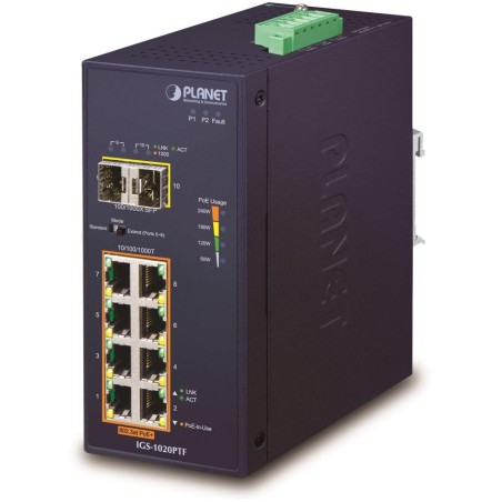 Planet IGS-1020PTF Průmyslový L2 PoE switch, 8x1Gb + 2xSFP, 802.3at 30/240W, IP30, -40~+75°C, 48-56VDC