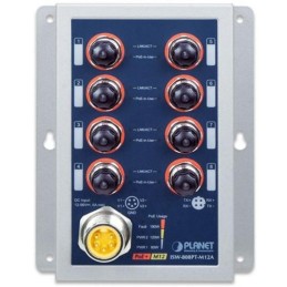 Planet Průmyslový PoE switch 8x 100Mb, PoE 802.3at 36W/180W, IP50, -40~+75°C, 12-56VDC, M12 konektory