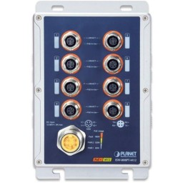 Planet vodotěsný průmyslový PoE switch, 8xFE M12, 8x PoE 802.3at 30W/180W, -40~+75°C, 12-56VDC, IP67