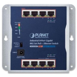 Planet průmyslový plochý switch 8x 1Gb, 8x PoE 30/120W, 48-56V, IP30, -20/60st, fanless