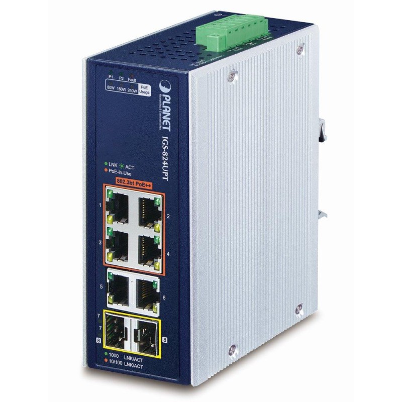 Planet Průmyslový PoE switch, 6x1Gb + 2x1Gb SFP, 4x PoE 802.3bt 90/240W, -40až75°C, dual 48-54VDC, IP30, fanless