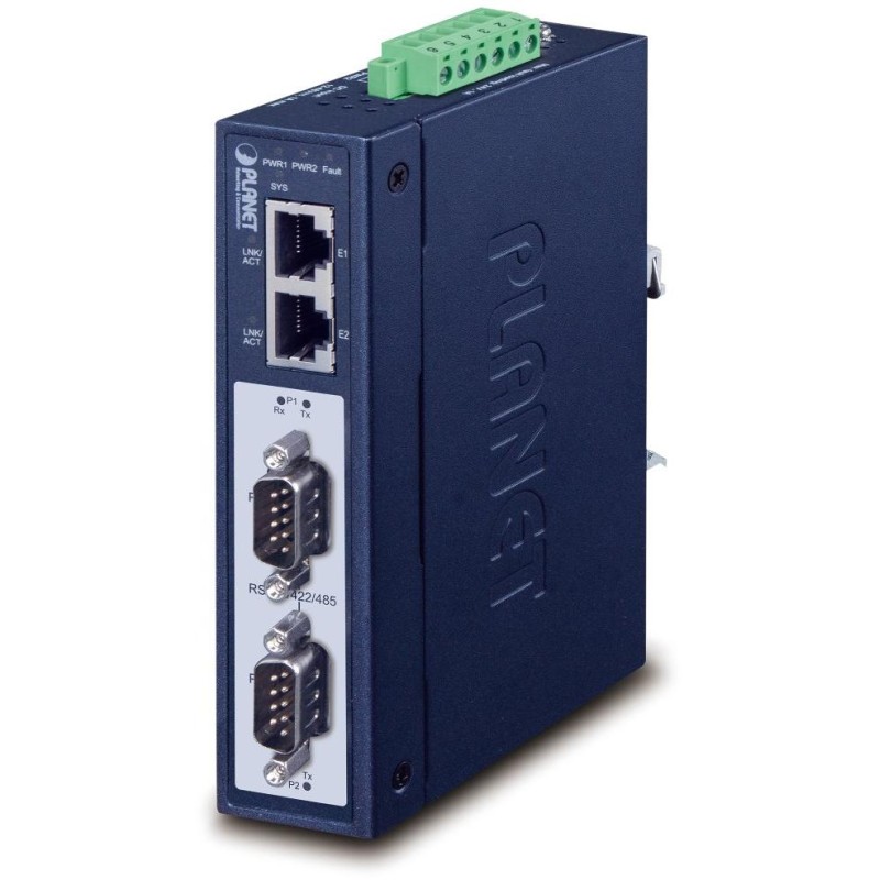 Planet MODBUS průmyslová brána RS-232/422/485 na IP, 2x COM, 100Base-TX, RTU/ACSII, -40až+75°C, 12-48VDC, IP30