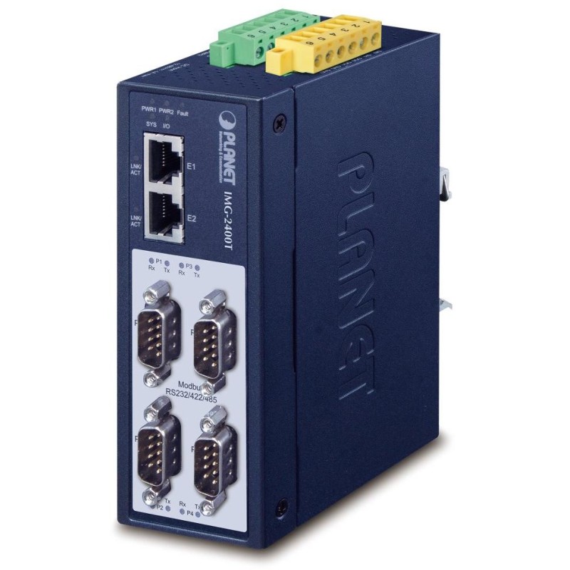 Planet MODBUS průmyslová brána RS-232/422/485 na IP, 4x COM, 100Base-TX, RTU/ACSII, -40až+75°C, 12-48VDC, IP40