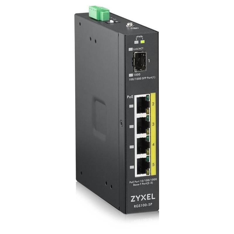 Zyxel RGS100-5P, 5  Port unmanaged PoE Switch, 120 Watt PoE, DIN Rail, IP30, 12-58V DC