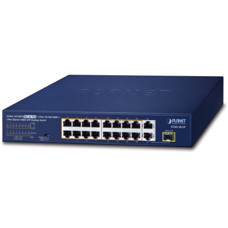 Planet FGSD-1821P PoE switch, 16x100M + 1xGb/SFP, extend mód 10Mb-250m, PoE 802.3at 185W