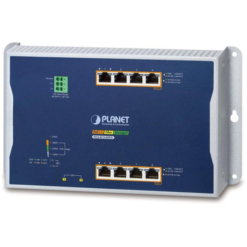 Planet WGS-4215-8HP2S plochý L4 switch, 8x1Gb, 2x1Gb SFP, 4+4 PoE 802.3at/bt 360W, 48-56VDC, -40~75°C, IP30, fanless