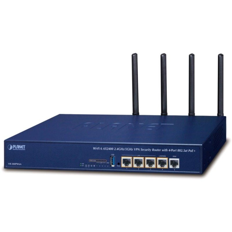 Planet VR-300PW6A Enterprise router/firewall VPN/VLAN/QoS/HA/AP kontroler, 2xWAN(SD-WAN), 3xLAN, 4xPOE120W, WiFi802.11ax