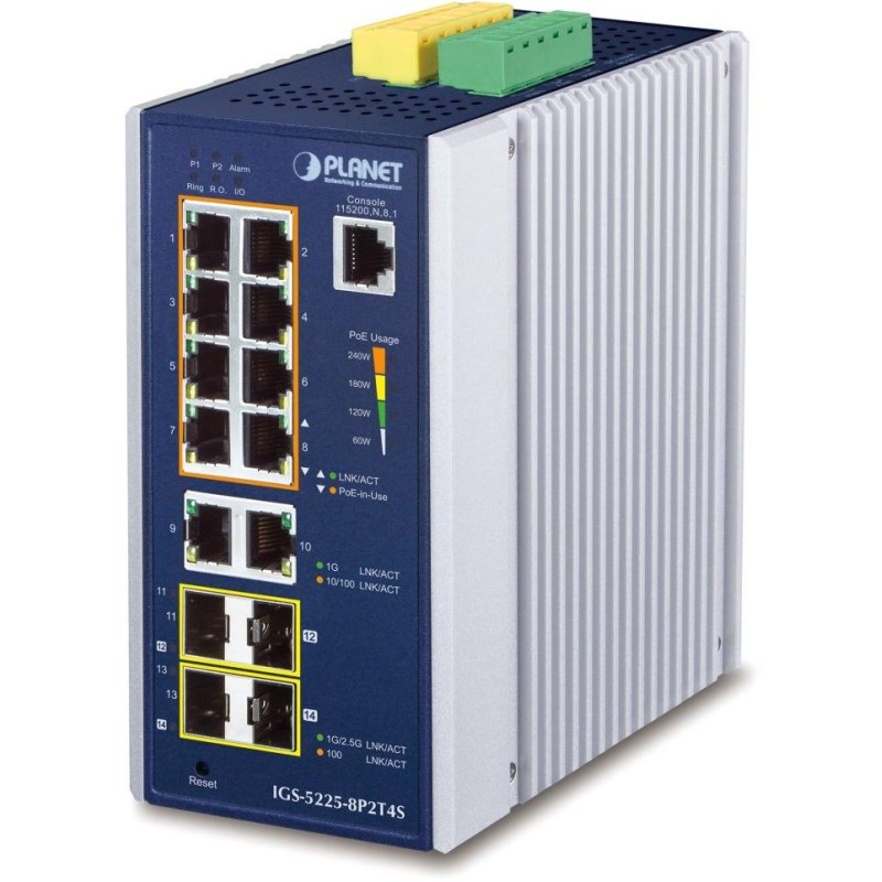 Planet IGS-5225-8P2T4S průmyslový L3 switch, 8x1Gb, 2x1Gb SFP, 2x2.5Gb SFP, 8x PoE 802.3at 240W, dual 48-54VDC, -40~75°C