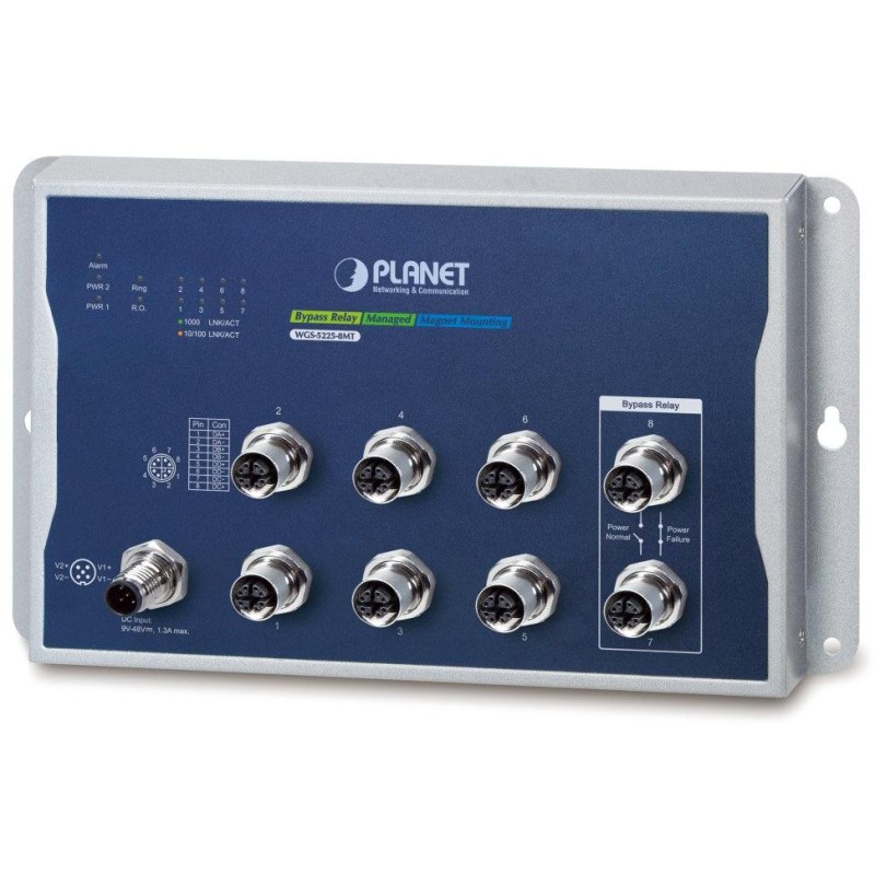 Planet WGS-5225-8MT plochý L3 switch, 8x1Gb M12, 9-48VDC, -40~75°C, IP40, fanless