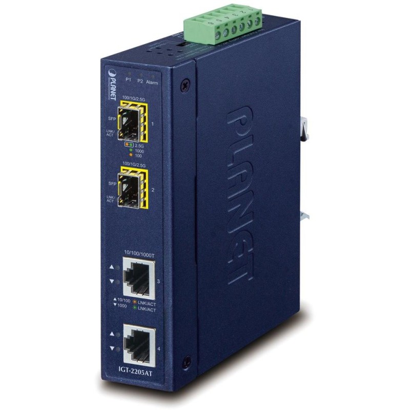 Planet IGT-2205AT, konvertor 2x1Gb, 2xSFP 100/1G/2.5G, -40až+75C, ESD, Backup Link, IP30, 24VAC/12-48VDC