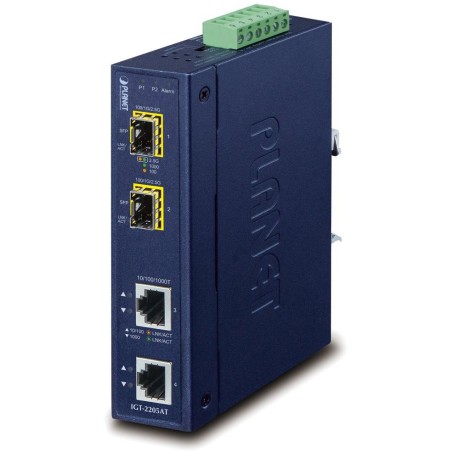 Planet IGT-2205AT, konvertor 2x1Gb, 2xSFP 100/1G/2.5G, -40až+75C, ESD, Backup Link, IP30, 24VAC/12-48VDC