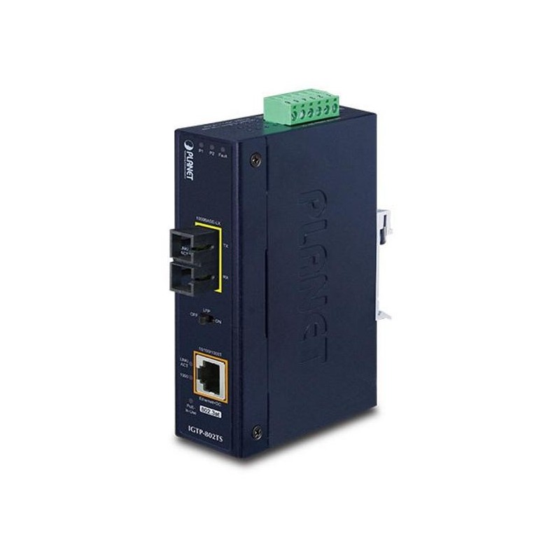 Planet IGTP-802TS konvertor RJ45/SC, 1Gbps, PoE injektor 802.3at, -40 až 75 st.C, IP30, SM s SC, 12-48VDC