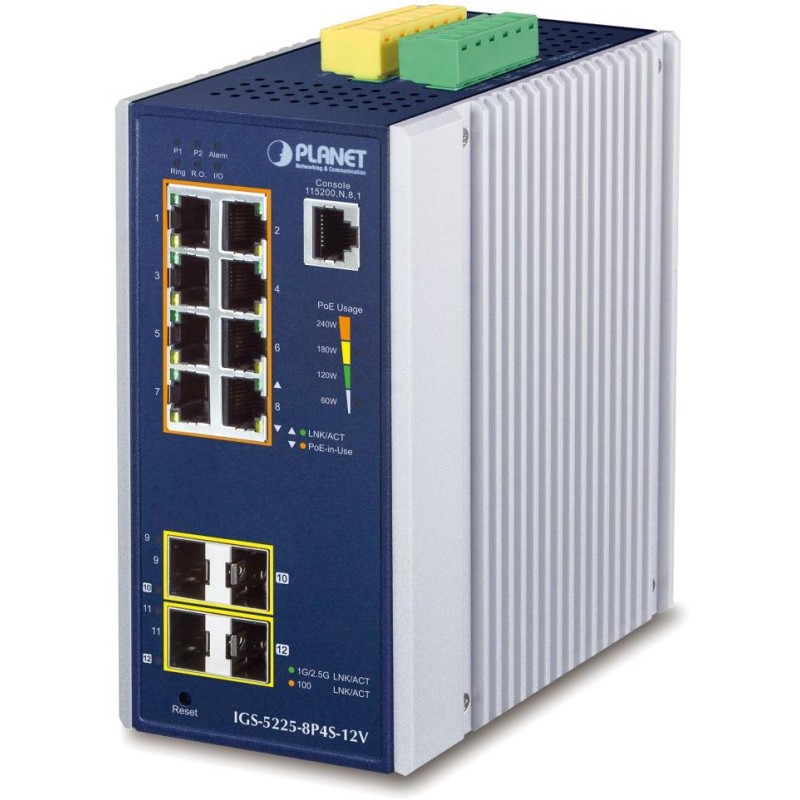 Planet IGS-5225-8P4S-12V průmyslový L3 switch, 8x1Gb, 2x1Gb SFP, 2x2.5Gb SFP, 8x PoE 802.3at 240W, 12-54VDC, -40~75°C