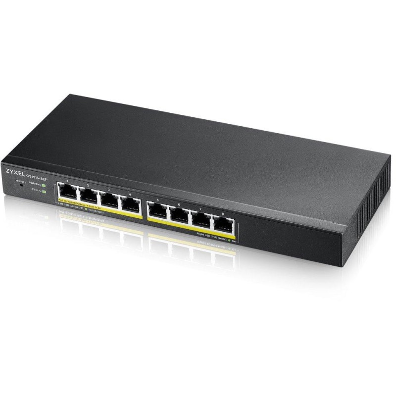 ZyXEL GS1915-8EP, 8-port GbE PoE Smart hybrid mode Switch, standalone or NebulaFlex Cloud, 60W 802.3at, desktop, fanless