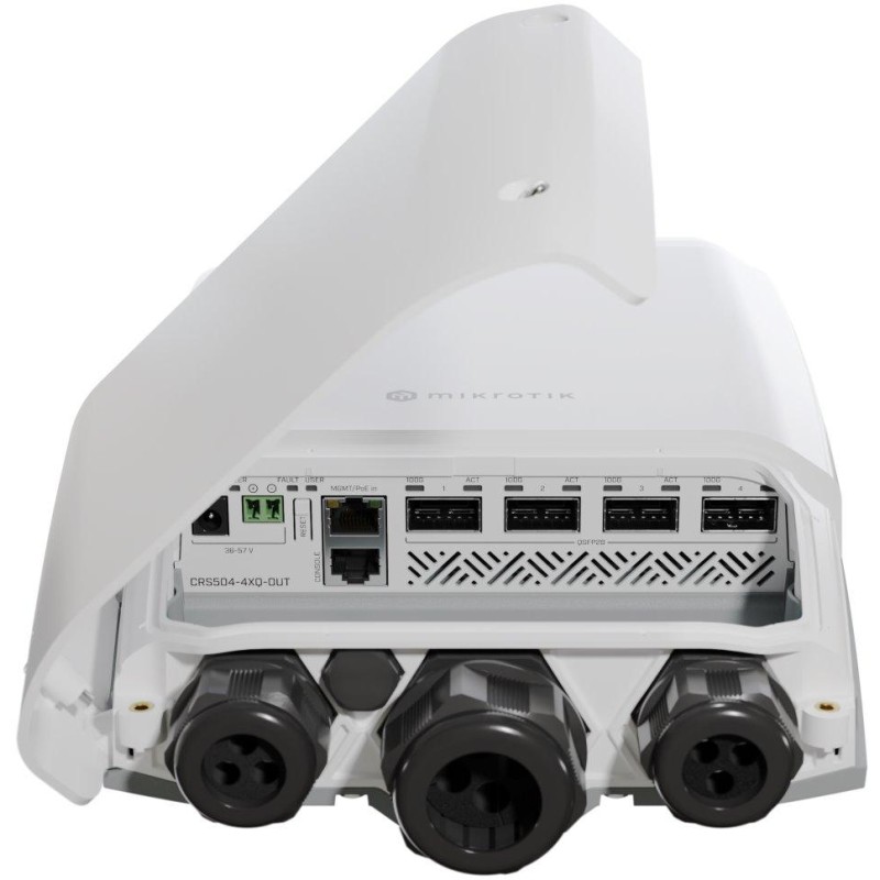Mikrotik Cloud Switch CRS504-4XQ-OUT, 650 MHz CPU, 128 MB RAM, 1x LAN, 4x QSFP28, 2x PSU, L5, outdoor