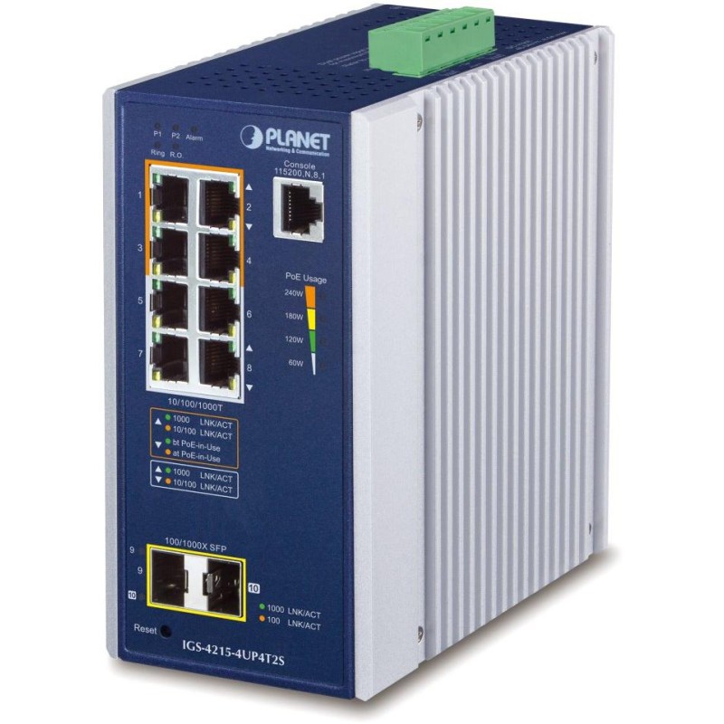 Planet IGS-4215-4UP4T2S průmyslový L2 switch, 8x1Gb, 2x1Gb SFP, 4x PoE 802.3bt 240W, 48-54VDC, -40~75°C, IP30