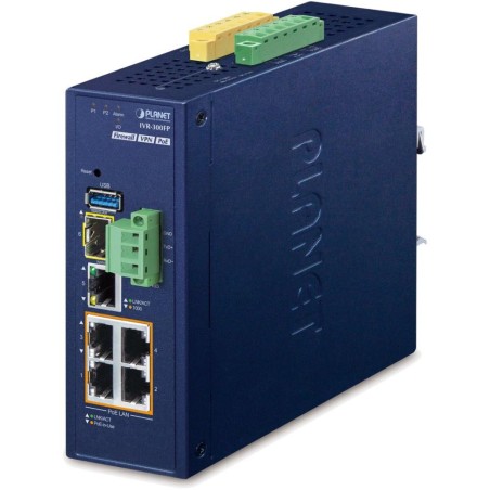 Planet IVR-300FP Enterprise router/FW VPN/VLAN/QoS/HA/AP kontr, 2xWAN(SD-WAN), 3xLAN,1xSFP,4xPoE, IP30,-40/75st,48-54VDC