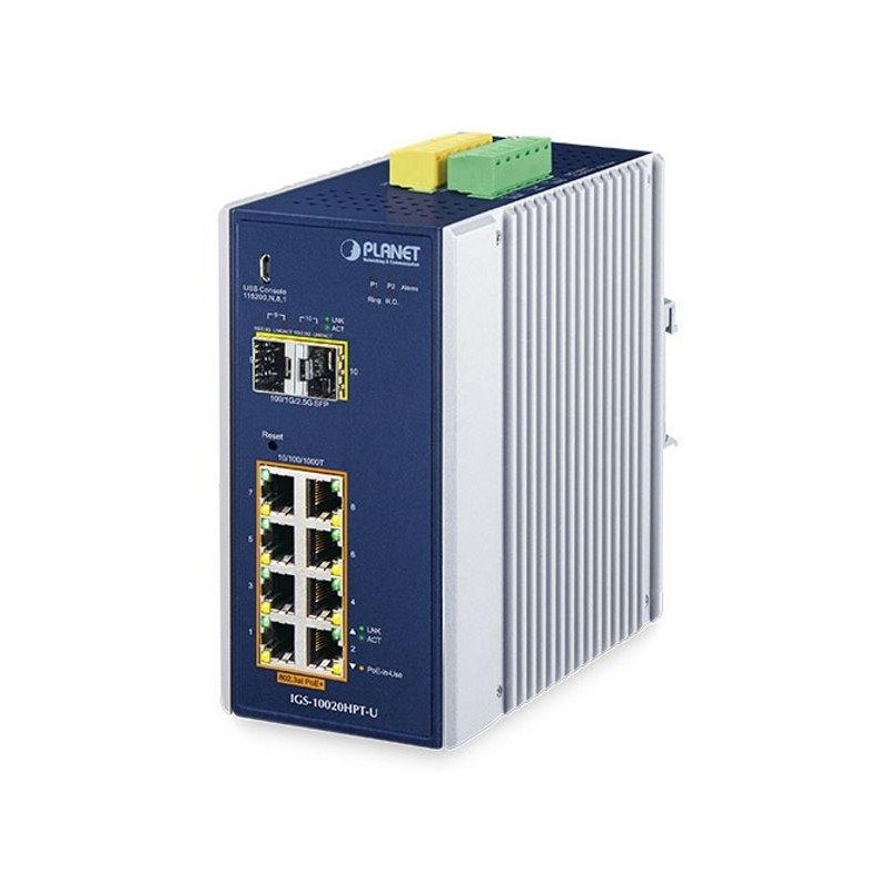 Planet IGS-10020HPT-U průmyslový L2 switch, 8x1Gb, 2x2.5Gb SFP, 8x PoE 802.3at 240W, 12-54VDC, -40~75°C, 1x USB, IP30