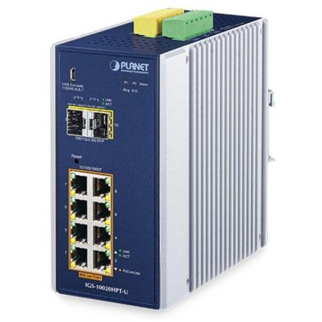 Planet IGS-10020HPT-U průmyslový L2 switch, 8x1Gb, 2x2.5Gb SFP, 8x PoE 802.3at 240W, 12-54VDC, -40~75°C, 1x USB, IP30