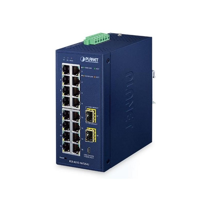 Planet IGS-4215-16T2S-U průmyslový L2 switch, 16x1Gb, 2x1Gb SFP, dual 9-48VDC, -40~75°C, 1x Micro-USB female port, IP30