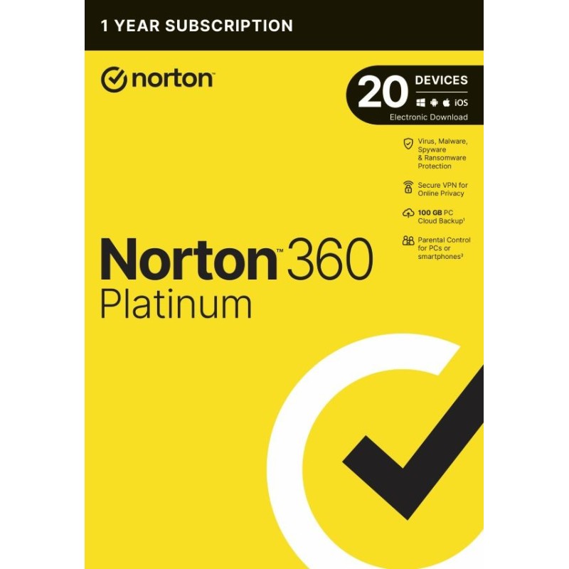 NORTON 360 PLATINUM 100GB CZ 1 użytkownik 20 urządzeń na 1 rok - licencja elektroniczna