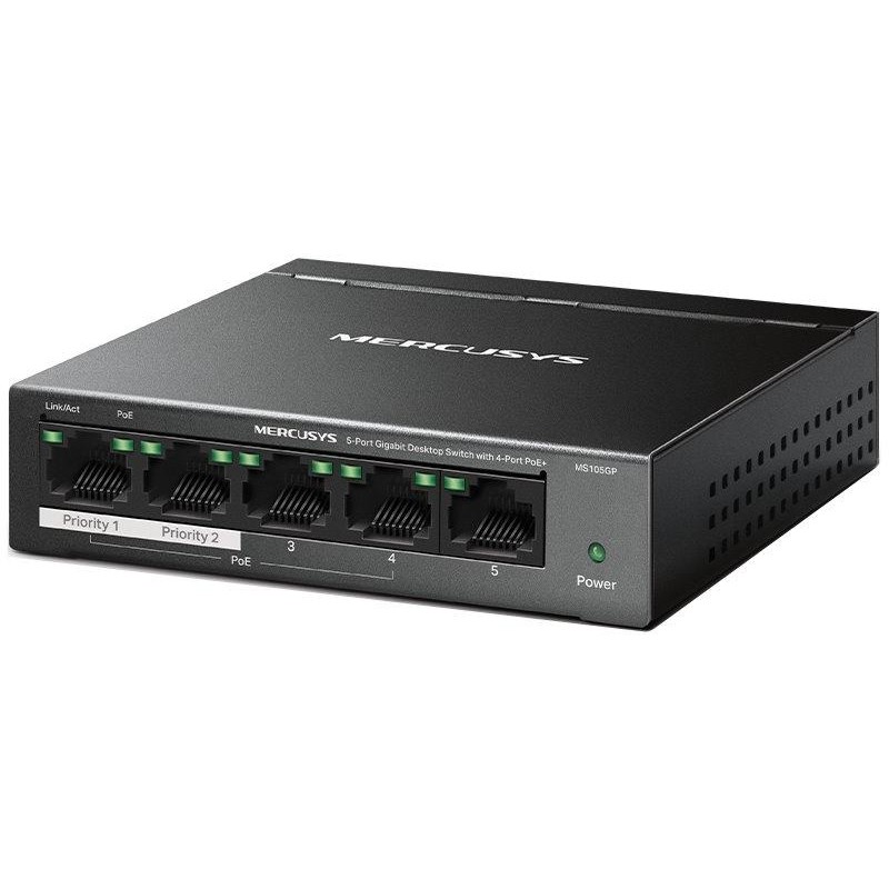 TP-Link Mercusys MS105GP Switch 5-Port, 4× Gigabit PoE+, 1× GLAN, 802.3af/at, 65 W