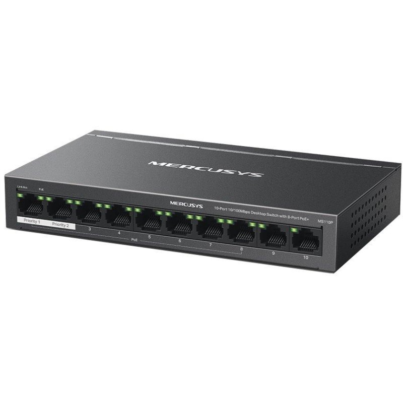 TP-Link Mercusys MS110P Switch 10-Port, 8x 10/100 Mbps PoE+, 2x LAN, 802.3af/at, 65 W