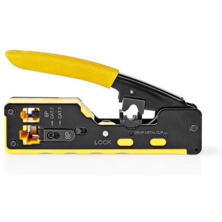 NEDIS krimpovací kleště/ CAT5/ CAT5e/ CAT6/ CAT6a/ CAT7/ RJ12/ RJ45/ odizolování/ řezání/ guma/ocel/ černo-žluté