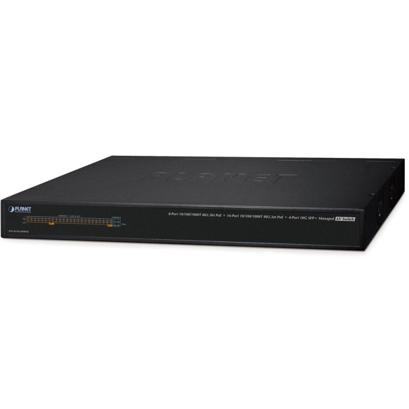 Planet AVS-4210-24HP4X managed AV switch, 24x1Gb, 4x10Gb SFP+, 16x PoE 802.3at + 8x PoE 802.3bt 450W, 0~50°C , QoS