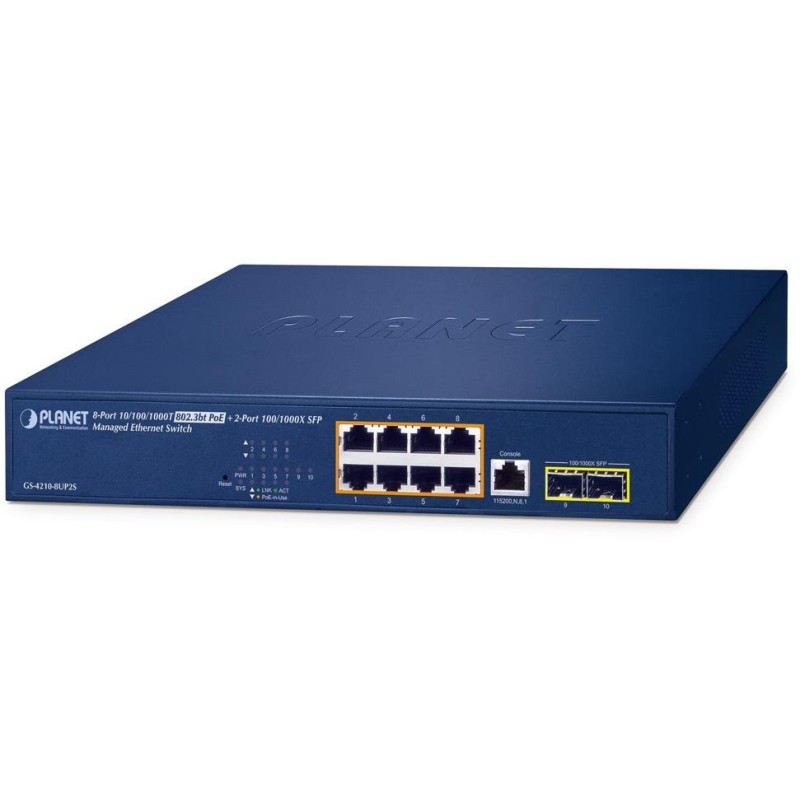 Planet GS-4210-8UP2S L2/L4 switch, 8x1Gb, 2x1Gb SFP, 8x PoE 802.3bt 180W, 0~50°C , QoS