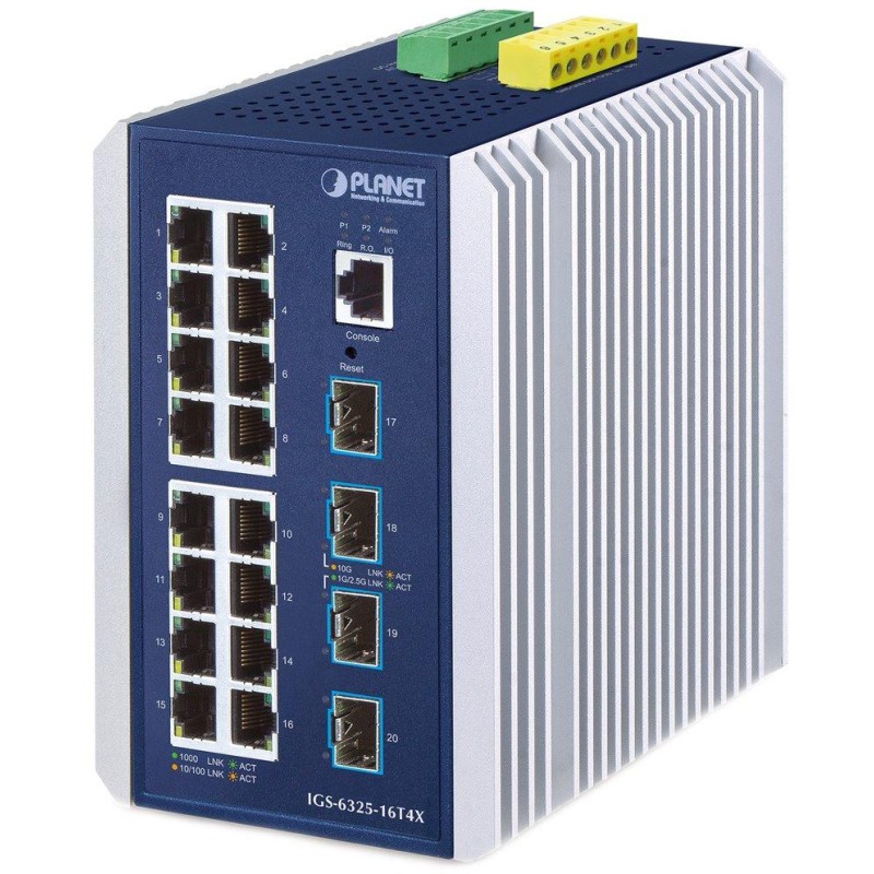 Planet IGS-6325-16T4X průmyslový L3 switch, 16x1Gb, 4x10Gb SFP+, -40~75°C, dual 9-48VDC, IP30, fanless