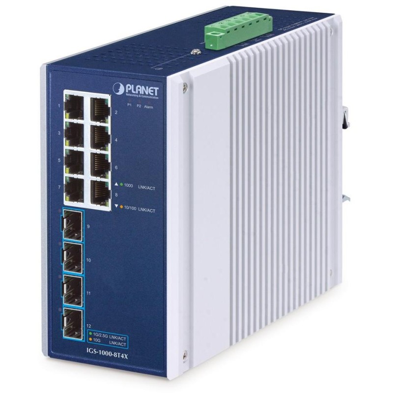 Planet IGS-1000-8T4X průmyslový L2 switch, 8x1Gb, 4x10Gb SFP+, -40~75°C, 9-48VDC, IP30, fanless