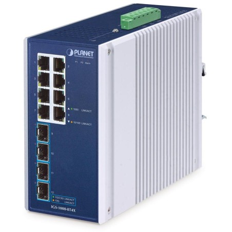 Planet IGS-1000-8T4X průmyslový L2 switch, 8x1Gb, 4x10Gb SFP+, -40~75°C, 9-48VDC, IP30, fanless
