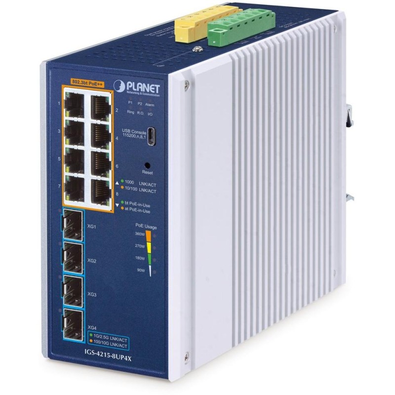 Planet IGS-4215-8UP4X průmyslový L2 switch, 8x1Gb, 4x10Gb SFP+,8x PoE 802.3bt 240W, -40~75°C, dual 48-54VDC,IP30,fanless